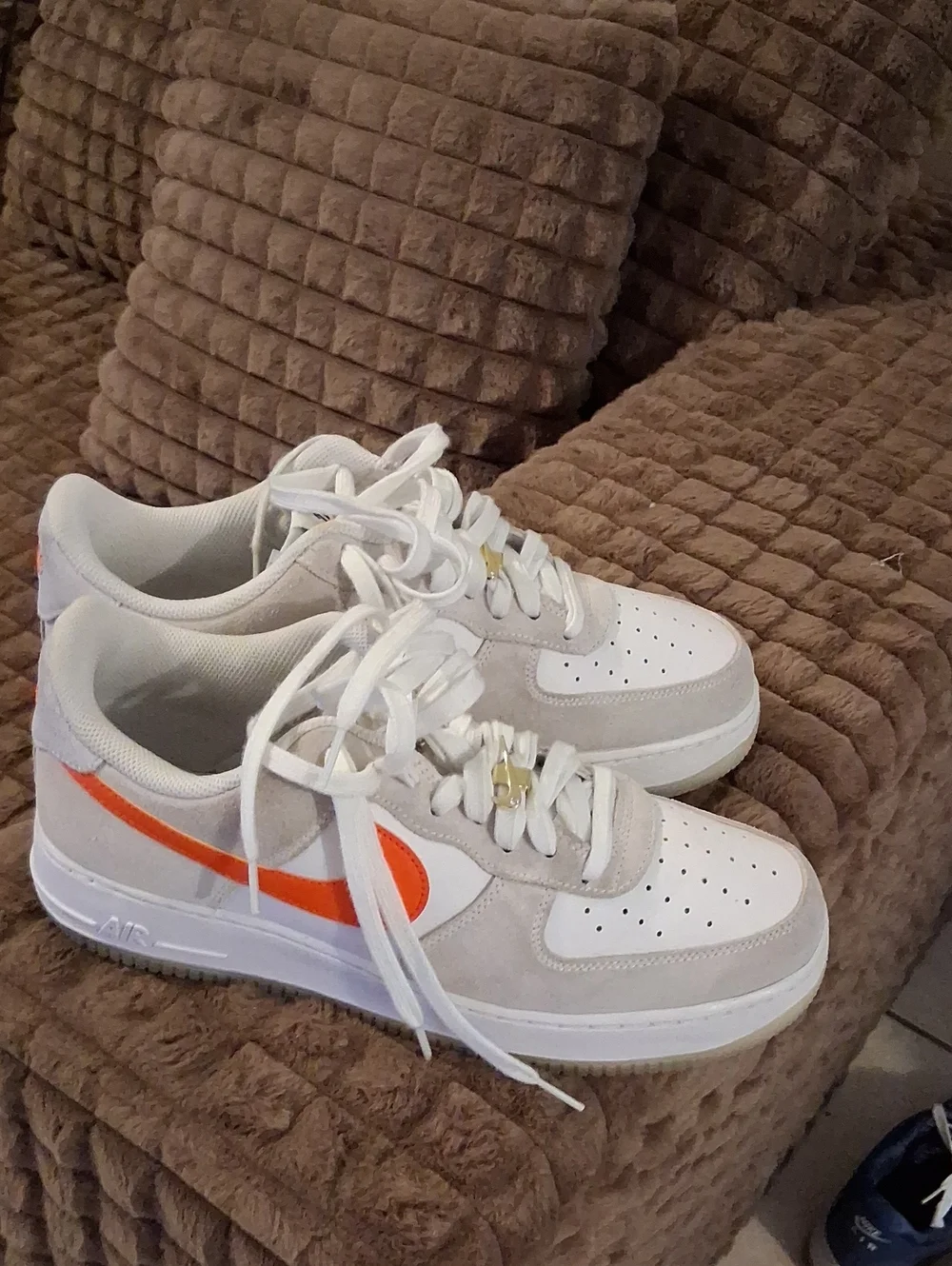 Nike White and Beige Low-Top Sneakers with Black Swoosh